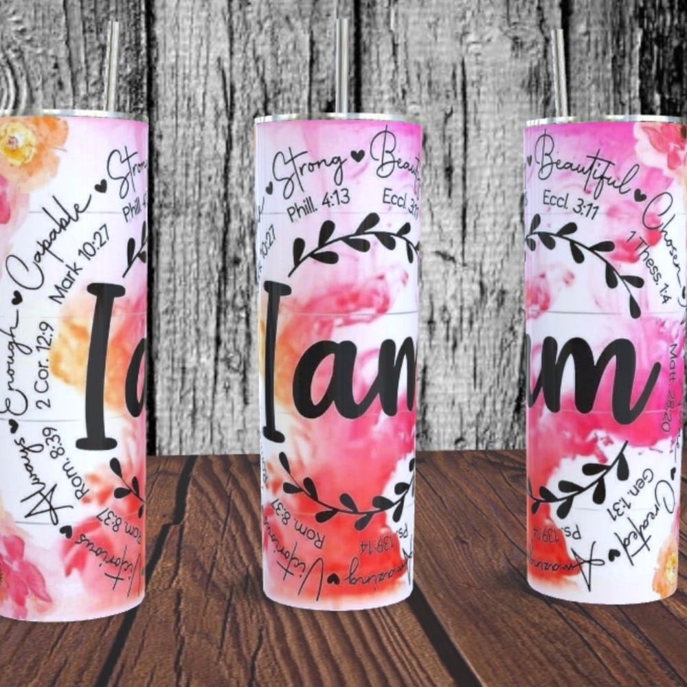 I Am 20 oz Skinny Tumbler with bible scripture